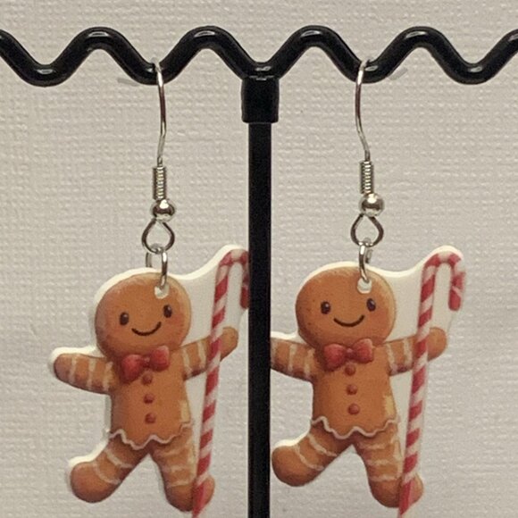 Gingerbread Man Earring, Candy Cane Earring, Christmas Earring, Gift Idea, Xmas - Picture 3 of 4